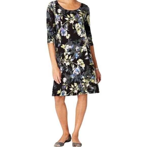 J. Jill Wearever Allium Moonlit Garden Dress Floral 3/4 Sleeve Multicolor Medium - Picture 1 of 6
